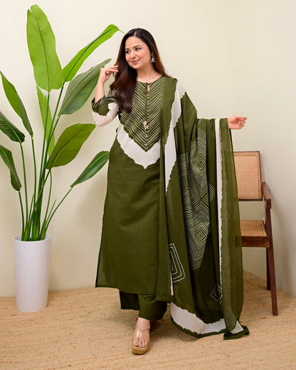 Olive Green Cotton Kurta Palazzo Set with Dupatta
