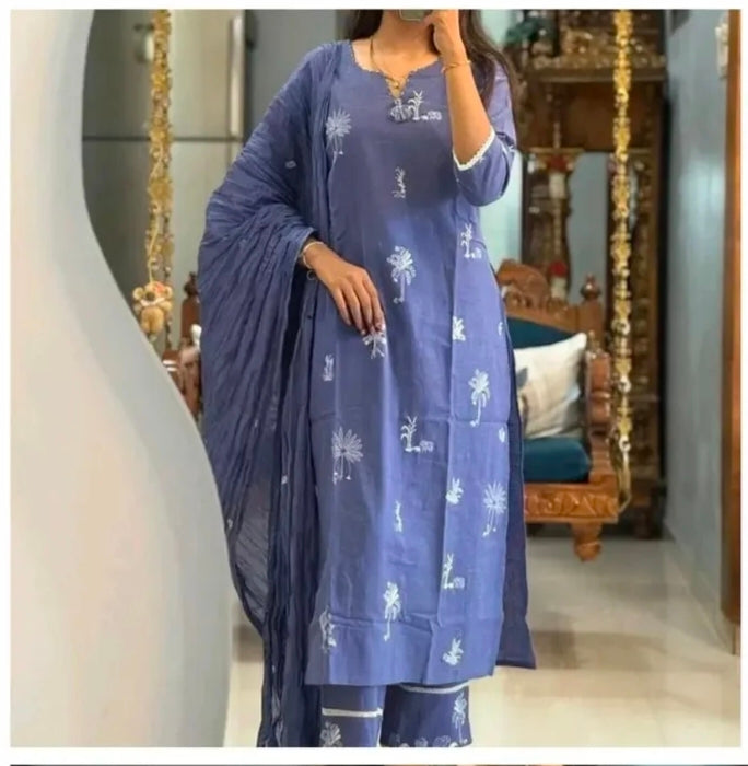 Indigo blue Cotton Straight Suit Set with White Embroidery