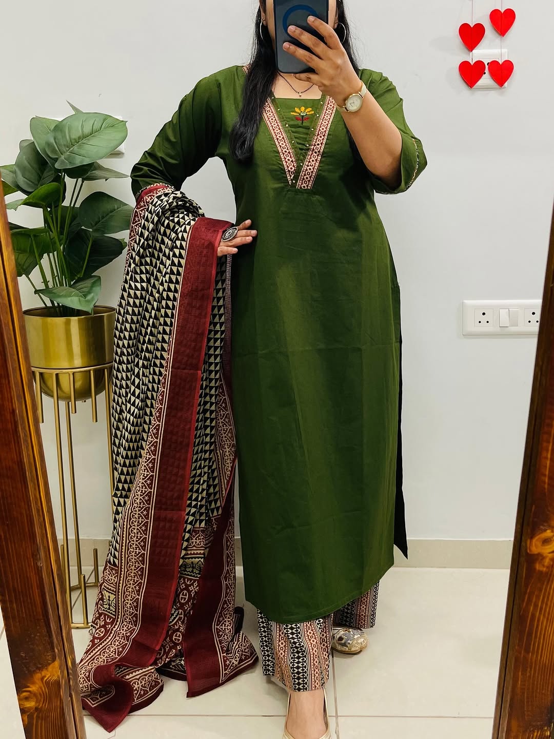Dabu cotton green suit set with Heavy embroidery on neck for women