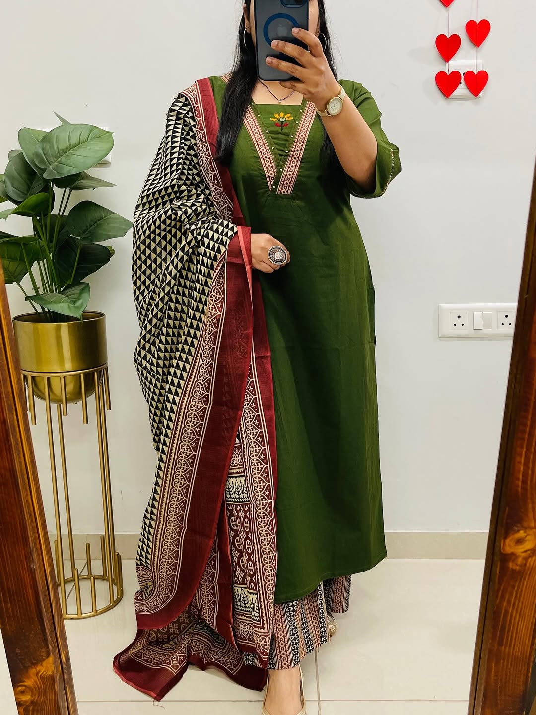 Dabu cotton green suit set with Heavy embroidery on neck for women