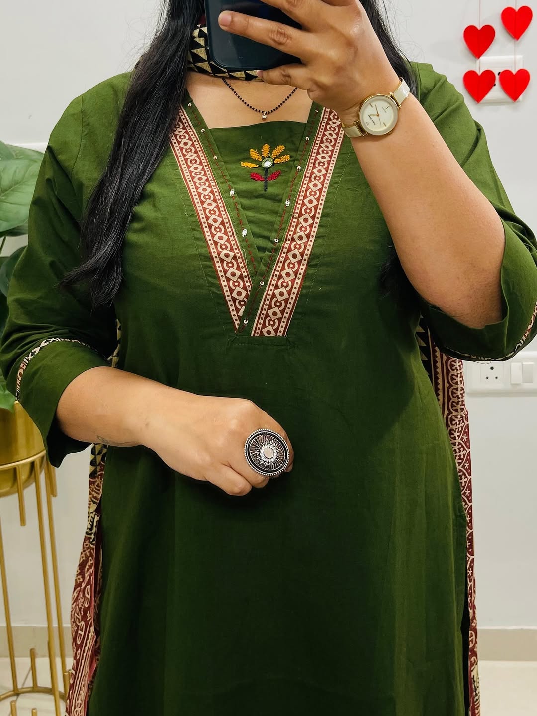 Dabu cotton green suit set with Heavy embroidery on neck for women