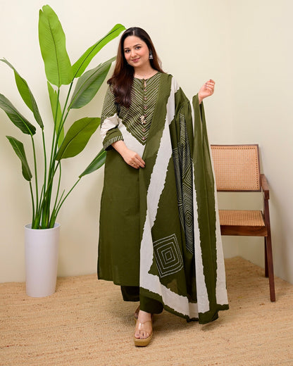 Olive Green Cotton Kurta Palazzo Set with Dupatta