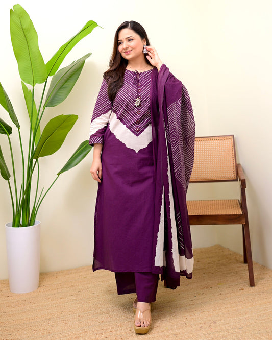 Jamun Purple Cotton Kurta Palazzo Set with Dupatta