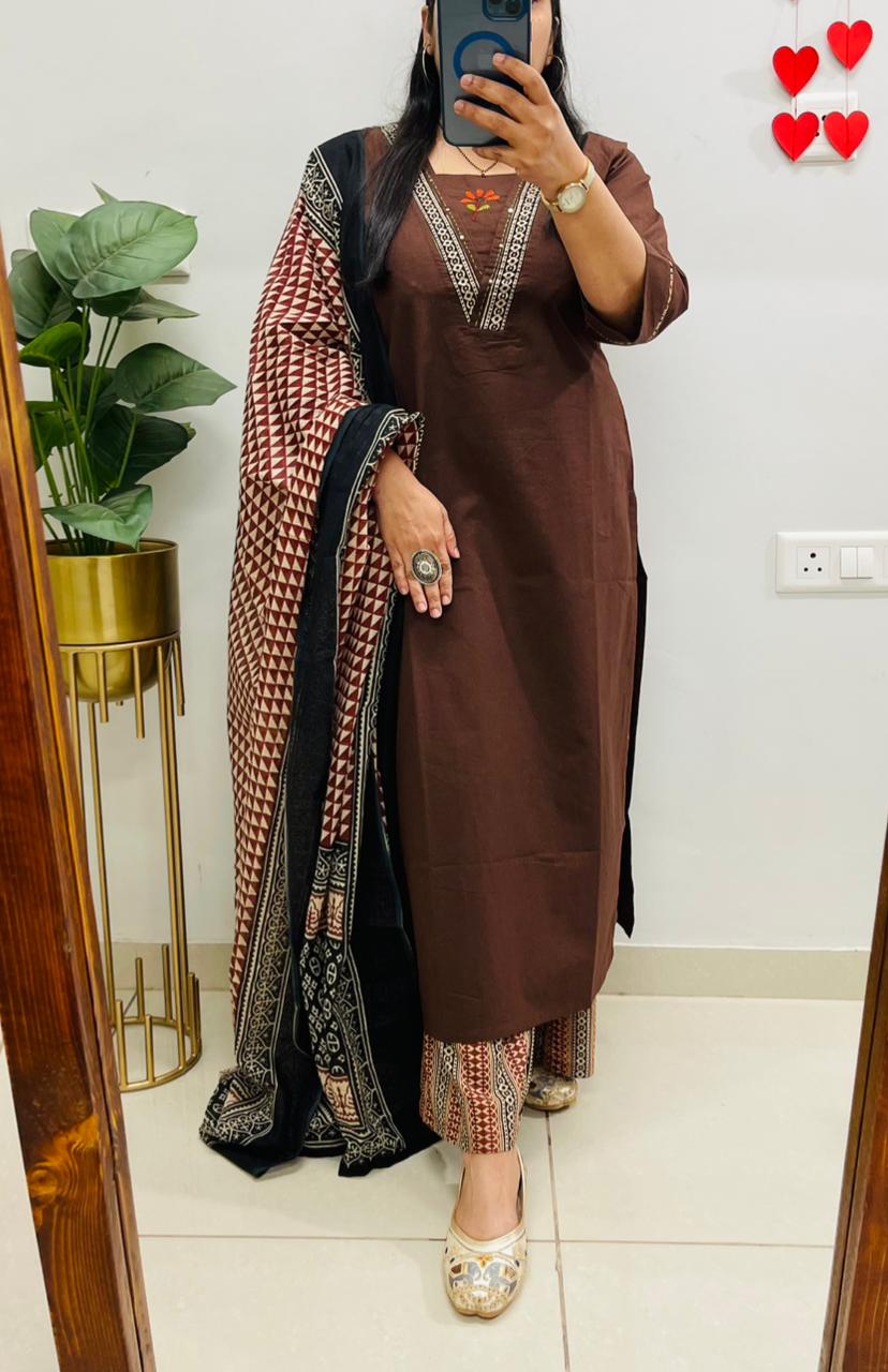 Dabu cotton coffee suit set with heavy embroidery on the yoke and pockets for women